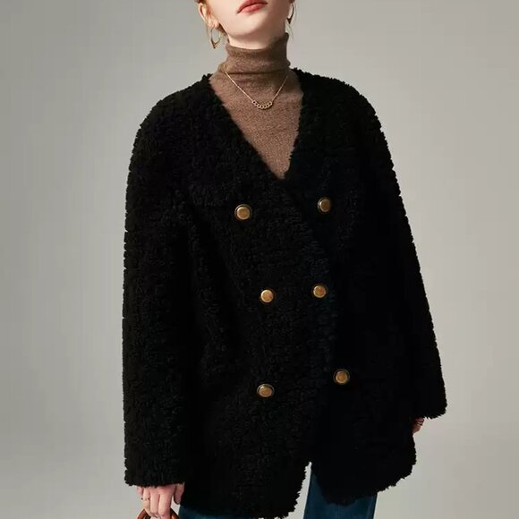 Collarless Mid-Length Textured Teddy Coat - Picture 4 of 5